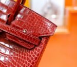 Hermes Birkin platinum bag, bright red color, glossy crocodile skin, gold clasp, 25-30cm long customization - Image 6