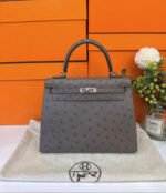 Herm&egrave;s Kelly 25-28 Nimbus Grey Ostrich Leather