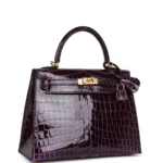 Hermes Kelly Sellier 25 Aubergine Shiny Niloticus Crocodile Gold Hardware - Image 2