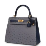 Hermes Special Order (HSS) Kelly Sellier 25 Gris Agate and Bleu Iris Ostrich Brushed Gold Hardware - Image 5