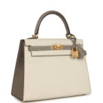 Hermes Special Order (HSS) Kelly Sellier 25 Craie and Gris Asphalte Epsom Brushed Gold Hardware - Image 2