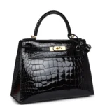 Hermes Kelly Sellier 28 Black Shiny Alligator Gold Hardware - Image 2