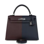 Hermes Kelly Sellier 28 Casaque Bleu Indigo and Rouge Sellier Epsom Palladium Hardware