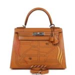 Hermes Kelly Sellier 28 "Painted Quadrige" Naturel Sable Butler Palladium Hardware