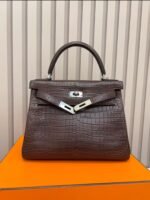 Herm&egrave;s Kelly dark brown 25-30 matte crocodile leather custom