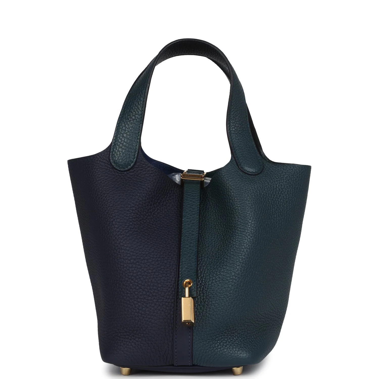 DFF097DB-17C1-D5D2-877B-B0CE93317651.webp Hermes Picotin Lock 18 Casaque Bleu Nuit and Vert Cypress Clemence Gold Hardware - Image 1