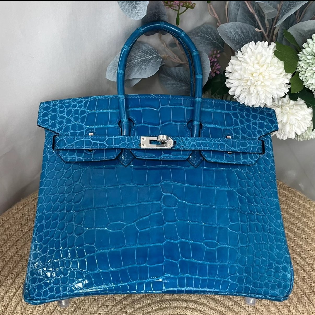 E0B5F5AA-D74A-1588-8810-428815ACD88D.jpg Hermès Brikin 25-30 Izmir Blue Shiny Crocodile Leather - Image 1