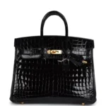 Hermes Birkin 25 Black Shiny Niloticus Crocodile Gold Hardware