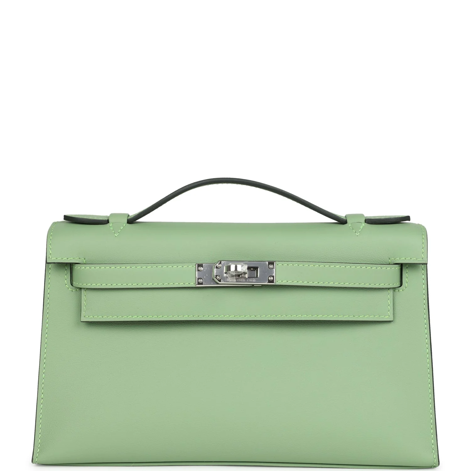 ED08B5D0-4105-F3ED-BC36-7C7F87C07B91.webp Hermes Kelly Pochette Vert Criquet Swift Palladium Hardware - Image 1