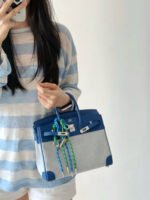 Herm&egrave;s Birkin 25-30 French blue canvas and leather with silver buckle custom - Image 5