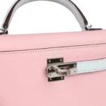 Hermes Special Order (HSS) Kelly Sellier 20 Rose Sakura and Bleu Brume Chevre Palladium Hardware - Image 7