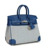 Hermes Birkin 25 Bleu France Swift and Bleu Bill-Ecru Toile H Canvas Palladium Hardware - Image 2