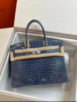 Herm&egrave;s Brikin 25-30 Storm Blue Silver Buckle Custom crocodile  Leather