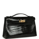 Hermes Kelly Pochette Black Shiny Porosus Crocodile Gold Hardware - Image 2