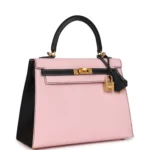 Hermes Special Order (HSS) Kelly Sellier 25 Rose Sakura and Black Chevre Mysore Brushed Gold Hardware - Image 2