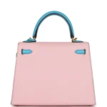 Hermes Special Order (HSS) Kelly Sellier 25 Rose Sakura and Bleu Aztec Chevre Brushed Gold Hardware - Image 5